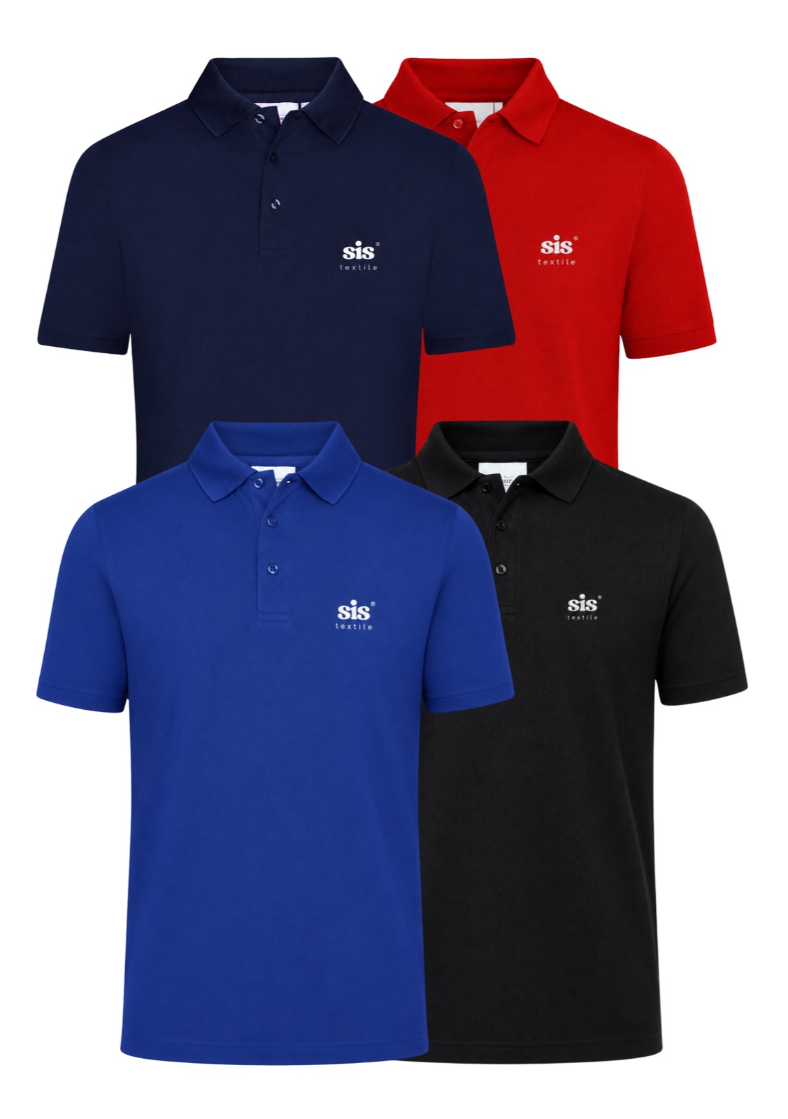 Polos de la marque SIS Textile en bleu marine, rouge, bleu et noir