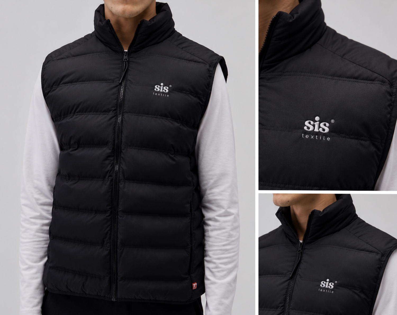 Gilet matelassé noir de la marque SIS Textile — modèle et détails de broderie